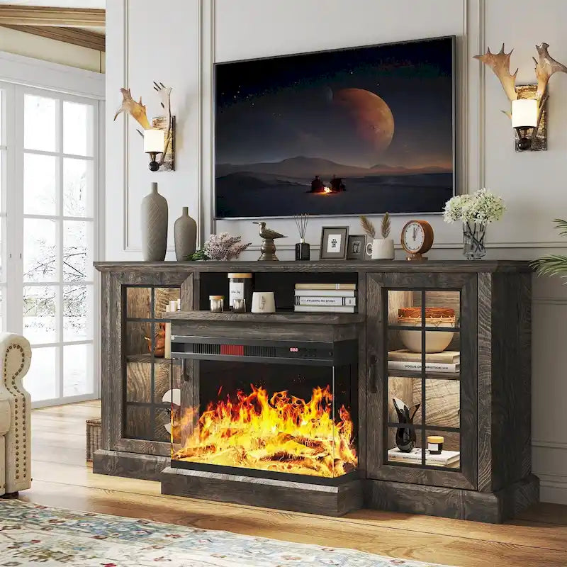 Meuble TV avec cheminée électrique à 3 faces – Gris/Blanc, porte de grange, convient jusqu'à 70 pouces