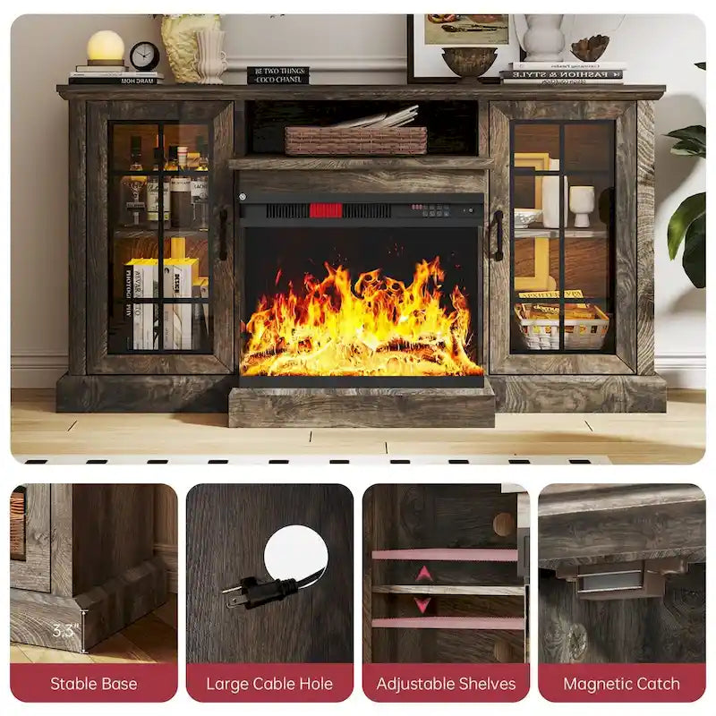 Meuble TV avec cheminée électrique à 3 faces – Gris/Blanc, porte de grange, convient jusqu'à 70 pouces