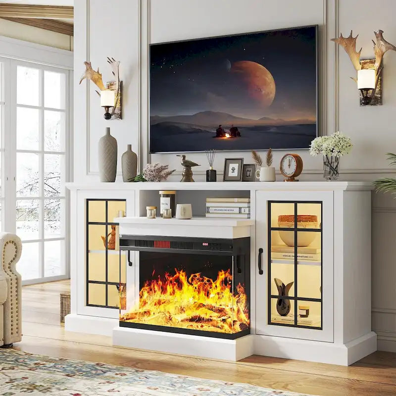 Meuble TV avec cheminée électrique à 3 faces – Gris/Blanc, porte de grange, convient jusqu'à 70 pouces