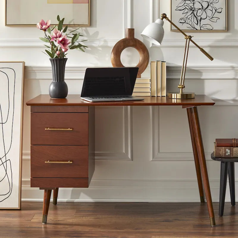Bureau Mid-Century avec 2 tiroirs et poignées dorées – Noir / Noyer / Blanc / Vert / Vert lys / Bleu nuit, 1 personne