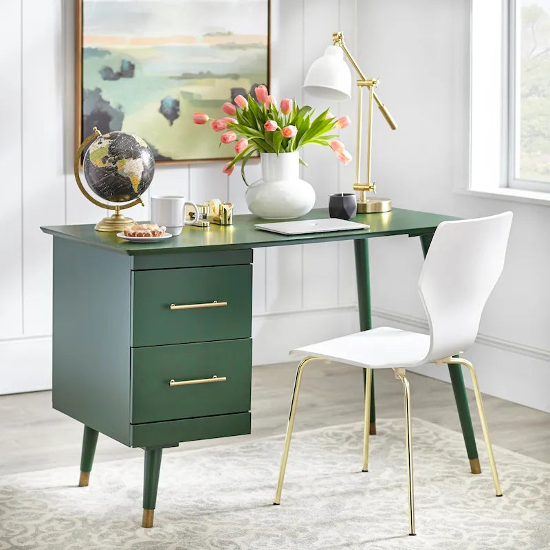 Bureau Mid-Century avec 2 tiroirs et poignées dorées – Noir / Noyer / Blanc / Vert / Vert lys / Bleu nuit, 1 personne