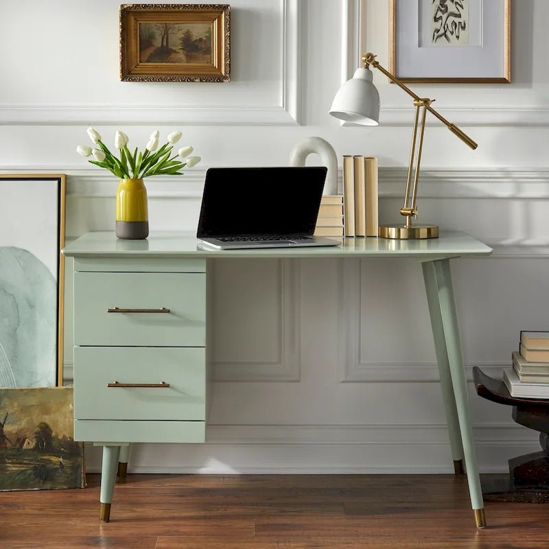 Bureau Mid-Century avec 2 tiroirs et poignées dorées – Noir / Noyer / Blanc / Vert / Vert lys / Bleu nuit, 1 personne