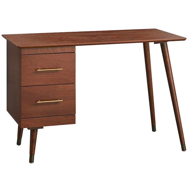 Bureau Mid-Century avec 2 tiroirs et poignées dorées – Noir / Noyer / Blanc / Vert / Vert lys / Bleu nuit, 1 personne