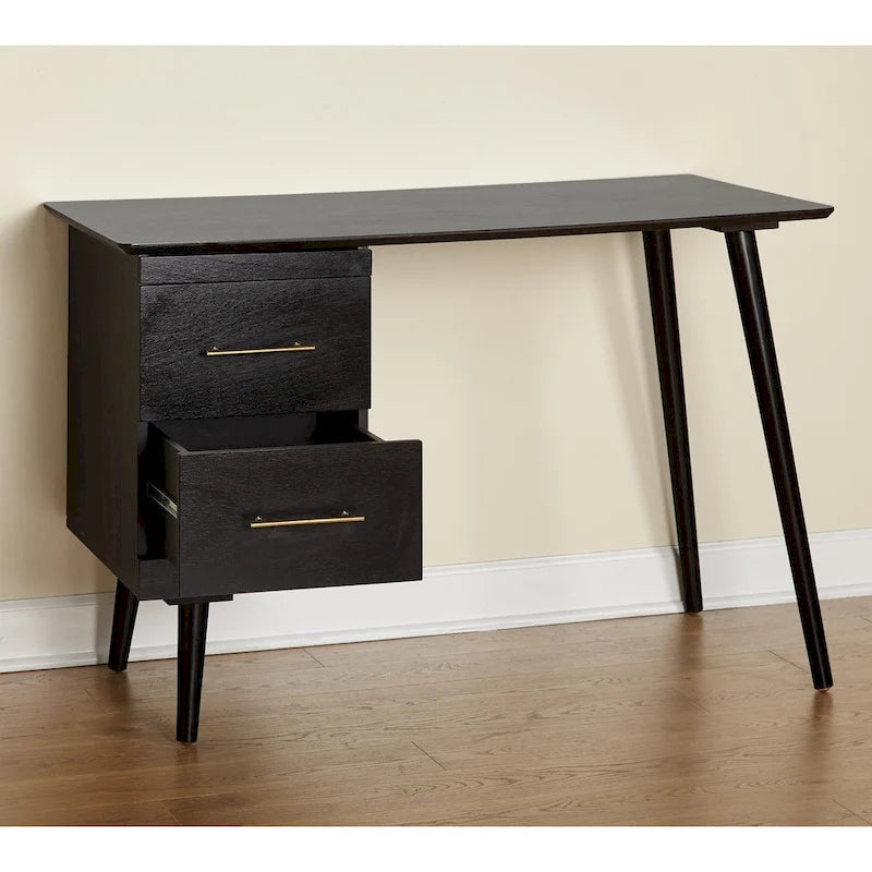 Bureau Mid-Century avec 2 tiroirs et poignées dorées – Noir / Noyer / Blanc / Vert / Vert lys / Bleu nuit, 1 personne