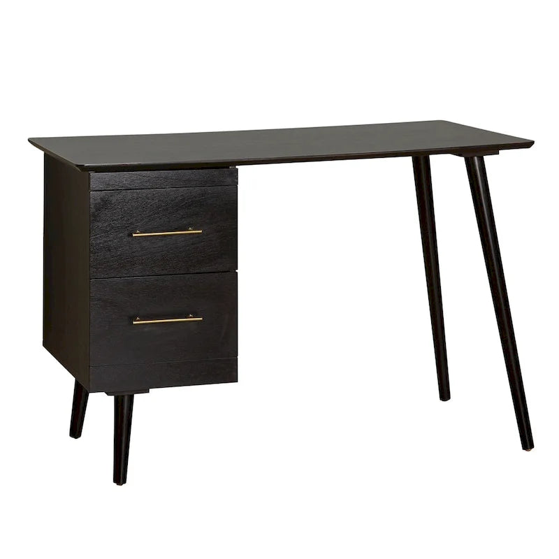 Bureau Mid-Century avec 2 tiroirs et poignées dorées – Noir / Noyer / Blanc / Vert / Vert lys / Bleu nuit, 1 personne