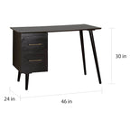 Bureau Mid-Century avec 2 tiroirs et poignées dorées – Noir / Noyer / Blanc / Vert / Vert lys / Bleu nuit, 1 personne