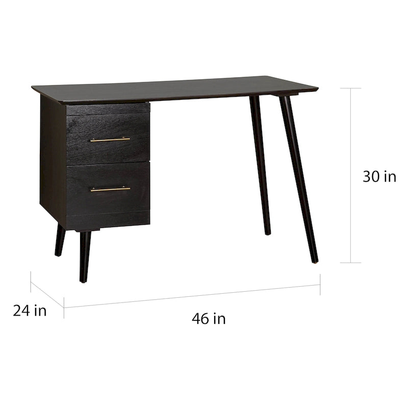 Bureau Mid-Century avec 2 tiroirs et poignées dorées – Noir / Noyer / Blanc / Vert / Vert lys / Bleu nuit, 1 personne