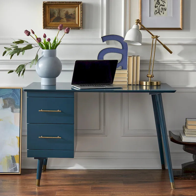 Bureau Mid-Century avec 2 tiroirs et poignées dorées – Noir / Noyer / Blanc / Vert / Vert lys / Bleu nuit, 1 personne