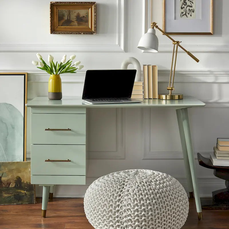 Bureau Mid-Century avec 2 tiroirs et poignées dorées – Noir / Noyer / Blanc / Vert / Vert lys / Bleu nuit, 1 personne