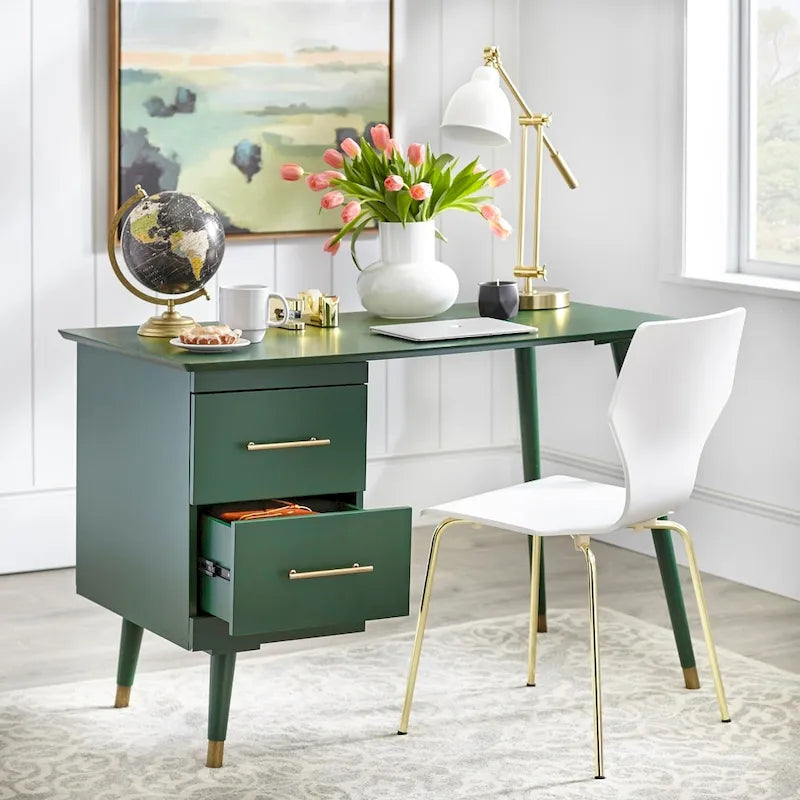 Bureau Mid-Century avec 2 tiroirs et poignées dorées – Noir / Noyer / Blanc / Vert / Vert lys / Bleu nuit, 1 personne