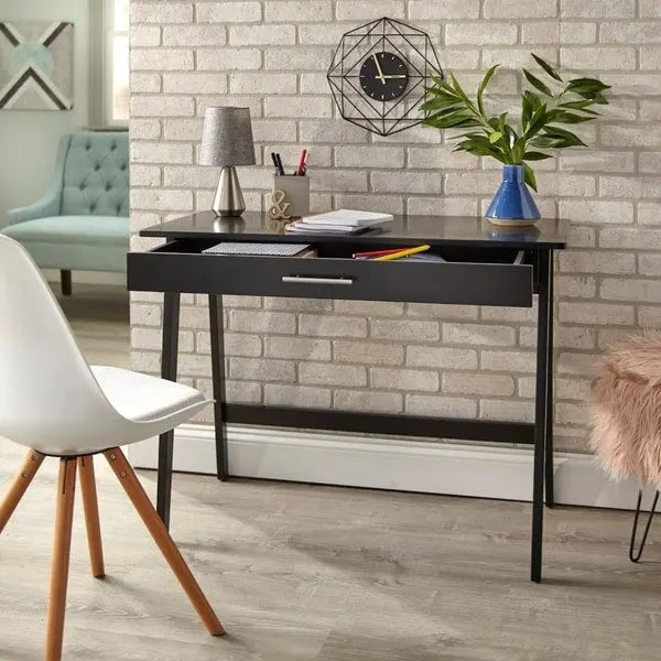Bureau compact en pin avec un tiroir – Noir / Bleu / Gris / Blanc / Rose poudré / Vert, 1 personne