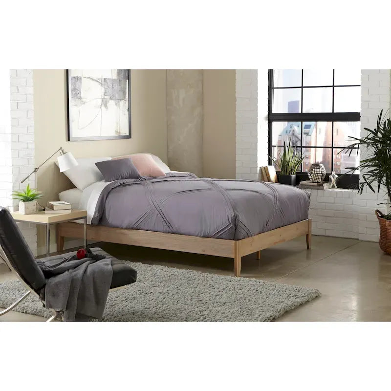 Lit plateforme pleine taille en pin massif – Blanc / Naturel rustique, sans tête de lit, 2 places