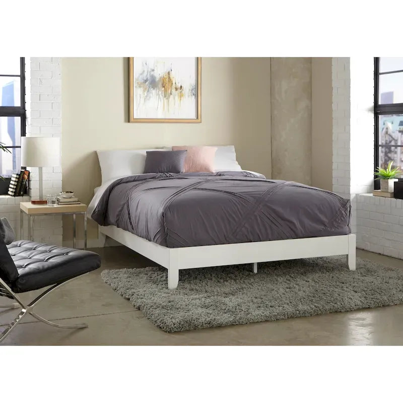 Lit plateforme pleine taille en pin massif – Blanc / Naturel rustique, sans tête de lit, 2 places