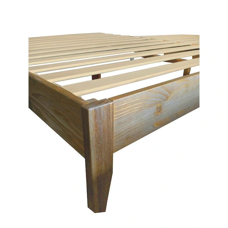 Lit plateforme pleine taille en pin massif – Blanc / Naturel rustique, sans tête de lit, 2 places