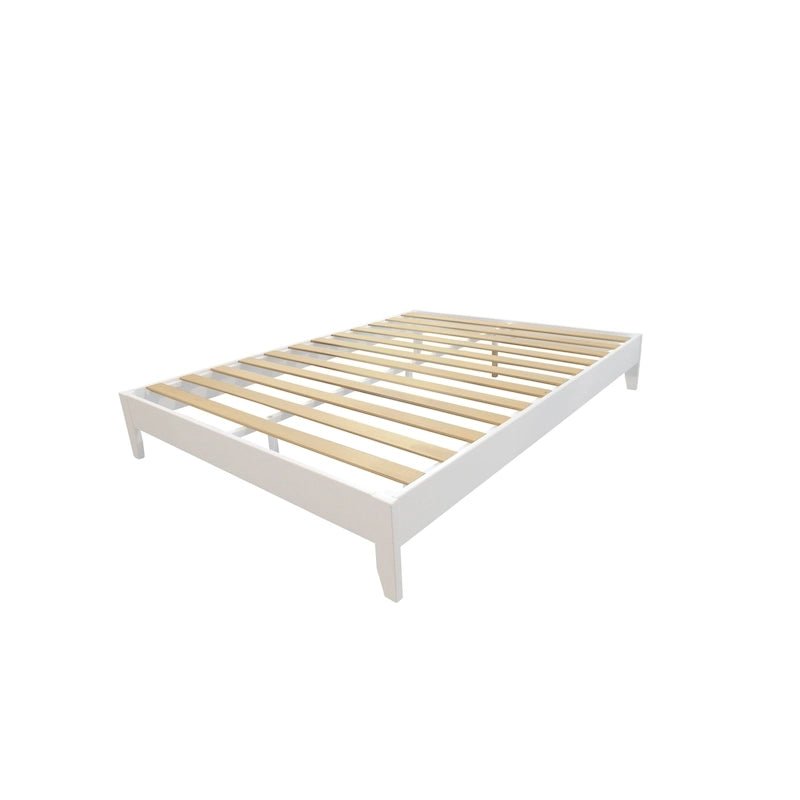 Lit plateforme pleine taille en pin massif – Blanc / Naturel rustique, sans tête de lit, 2 places