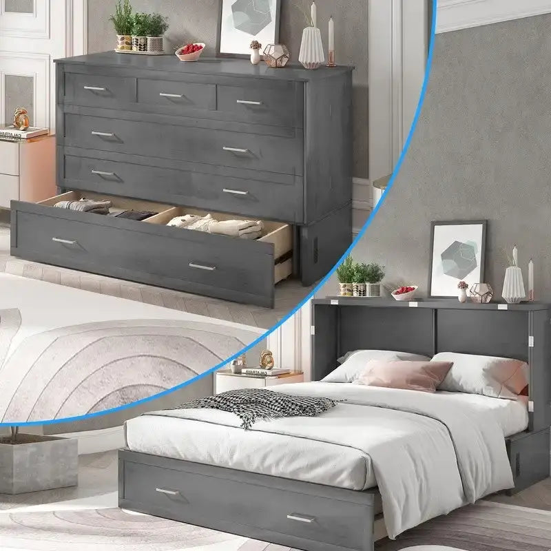 Lit escamotable Cabinet Murphy avec tiroir et station de recharge – Gris foncé / Cerisier / Blanc, Grand Lit, 2 couchages