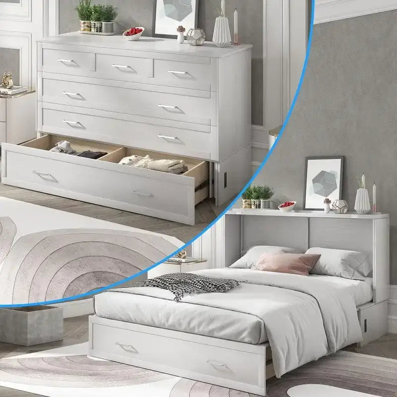 Lit escamotable Cabinet Murphy avec tiroir et station de recharge – Gris foncé / Cerisier / Blanc, Grand Lit, 2 couchages