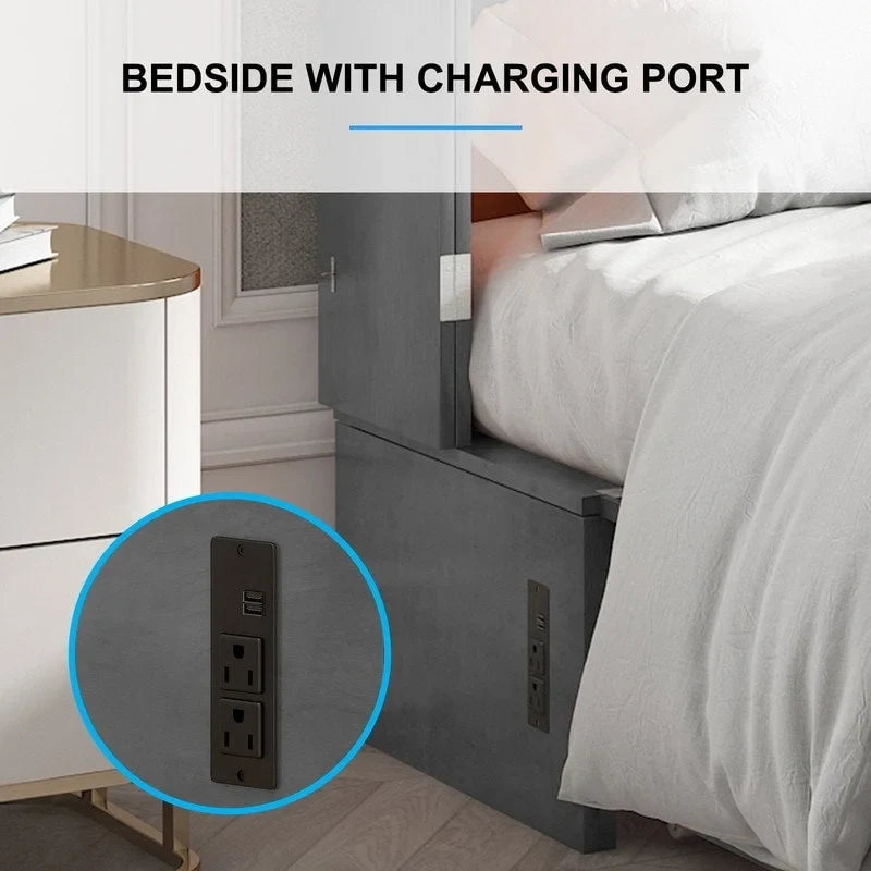 Lit escamotable Cabinet Murphy avec tiroir et station de recharge – Gris foncé / Cerisier / Blanc, Grand Lit, 2 couchages