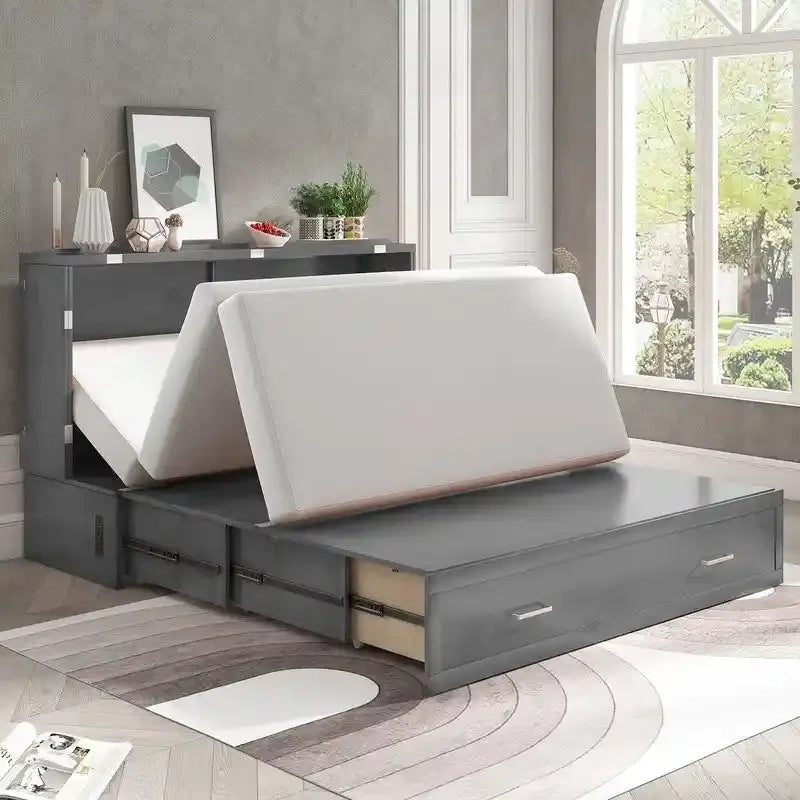 Lit escamotable Cabinet Murphy avec tiroir et station de recharge – Gris foncé / Cerisier / Blanc, Grand Lit, 2 couchages