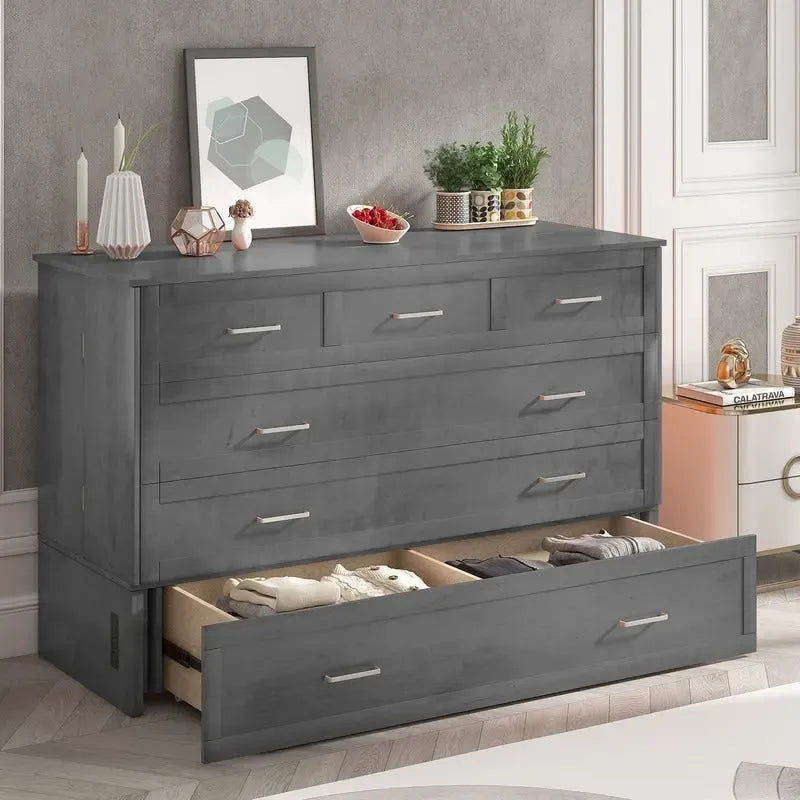 Lit escamotable Cabinet Murphy avec tiroir et station de recharge – Gris foncé / Cerisier / Blanc, Grand Lit, 2 couchages