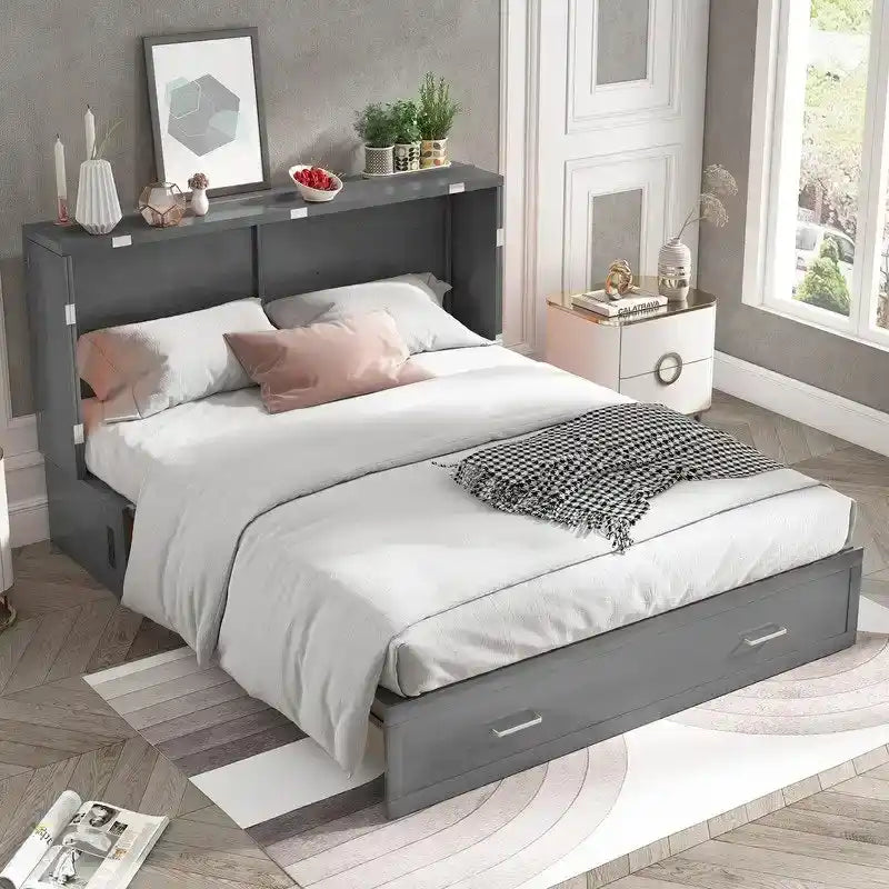 Lit escamotable Cabinet Murphy avec tiroir et station de recharge – Gris foncé / Cerisier / Blanc, Grand Lit, 2 couchages