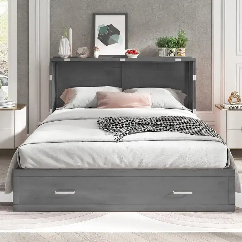 Lit escamotable Cabinet Murphy avec tiroir et station de recharge – Gris foncé / Cerisier / Blanc, Grand Lit, 2 couchages