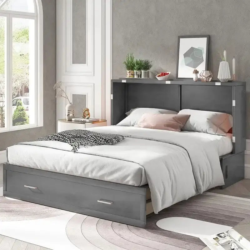 Lit escamotable Cabinet Murphy avec tiroir et station de recharge – Gris foncé / Cerisier / Blanc, Grand Lit, 2 couchages