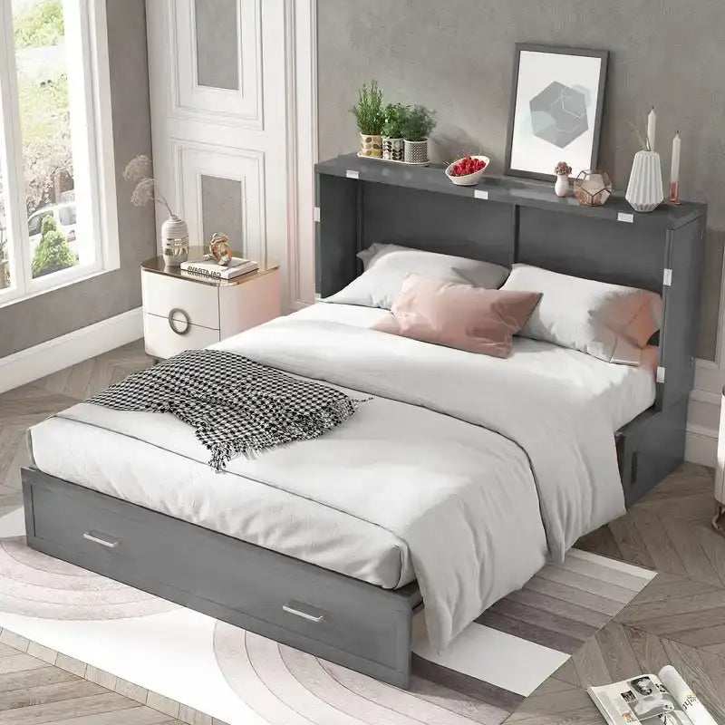 Lit escamotable Cabinet Murphy avec tiroir et station de recharge – Gris foncé / Cerisier / Blanc, Grand Lit, 2 couchages