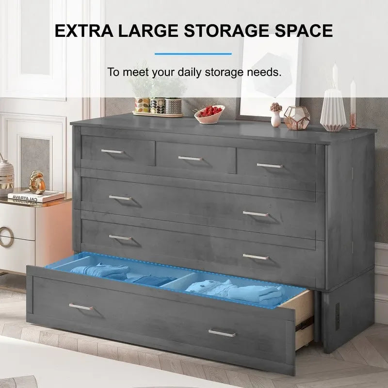 Lit escamotable Cabinet Murphy avec tiroir et station de recharge – Gris foncé / Cerisier / Blanc, Grand Lit, 2 couchages