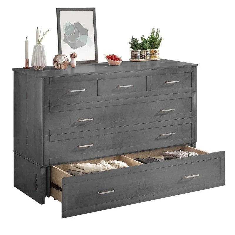 Lit escamotable Cabinet Murphy avec tiroir et station de recharge – Gris foncé / Cerisier / Blanc, Grand Lit, 2 couchages