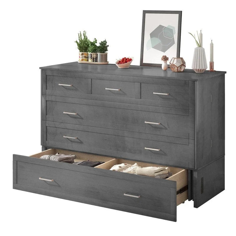 Lit escamotable Cabinet Murphy avec tiroir et station de recharge – Gris foncé / Cerisier / Blanc, Grand Lit, 2 couchages