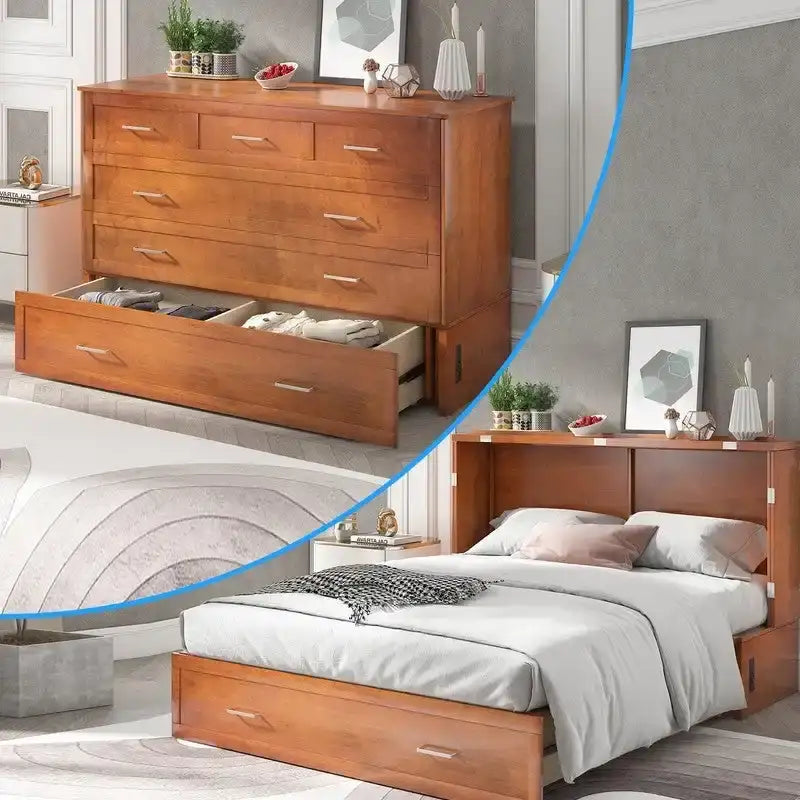 Lit escamotable Cabinet Murphy avec tiroir et station de recharge – Gris foncé / Cerisier / Blanc, Grand Lit, 2 couchages