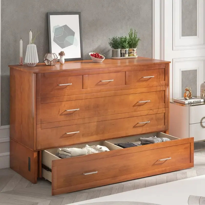 Lit escamotable Cabinet Murphy avec tiroir et station de recharge – Gris foncé / Cerisier / Blanc, Grand Lit, 2 couchages