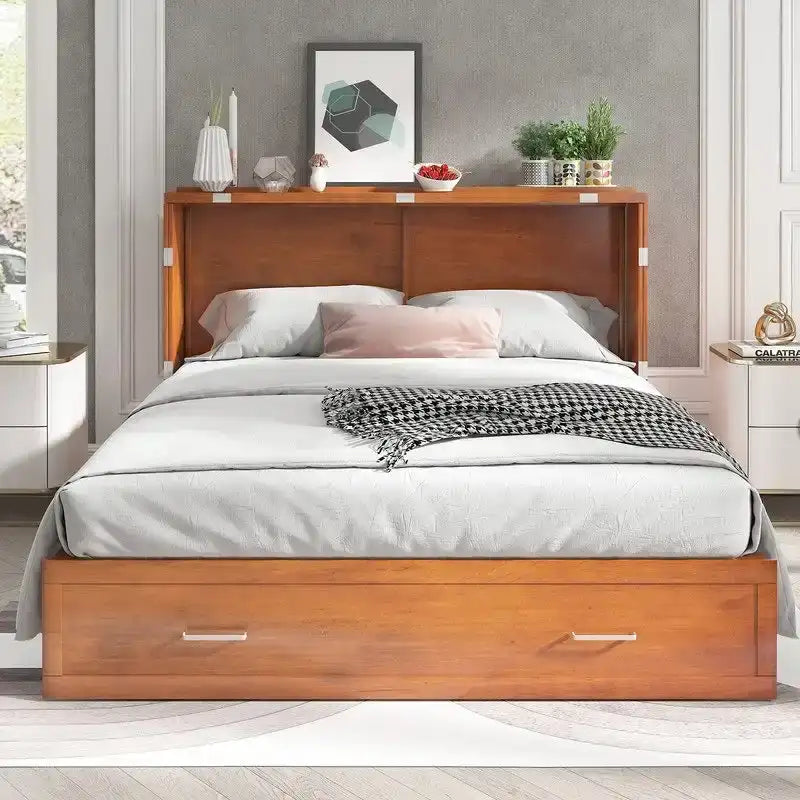 Lit escamotable Cabinet Murphy avec tiroir et station de recharge – Gris foncé / Cerisier / Blanc, Grand Lit, 2 couchages