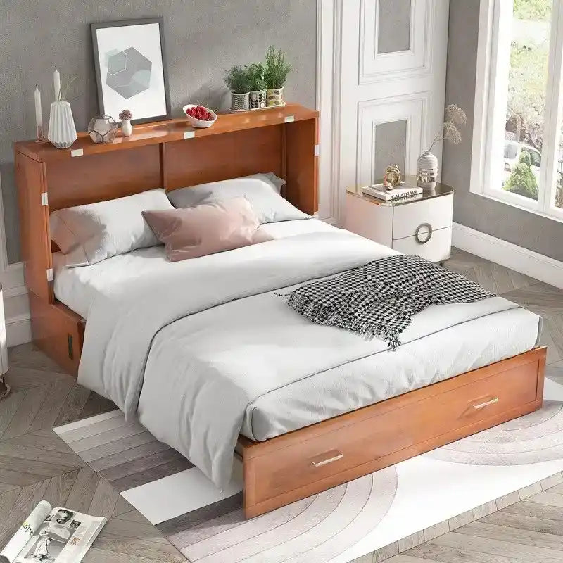 Lit escamotable Cabinet Murphy avec tiroir et station de recharge – Gris foncé / Cerisier / Blanc, Grand Lit, 2 couchages