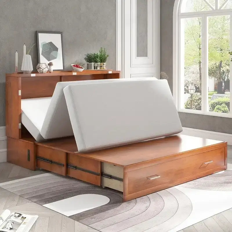 Lit escamotable Cabinet Murphy avec tiroir et station de recharge – Gris foncé / Cerisier / Blanc, Grand Lit, 2 couchages