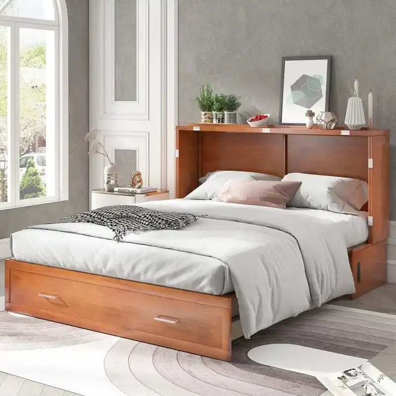 Lit escamotable Cabinet Murphy avec tiroir et station de recharge – Gris foncé / Cerisier / Blanc, Grand Lit, 2 couchages