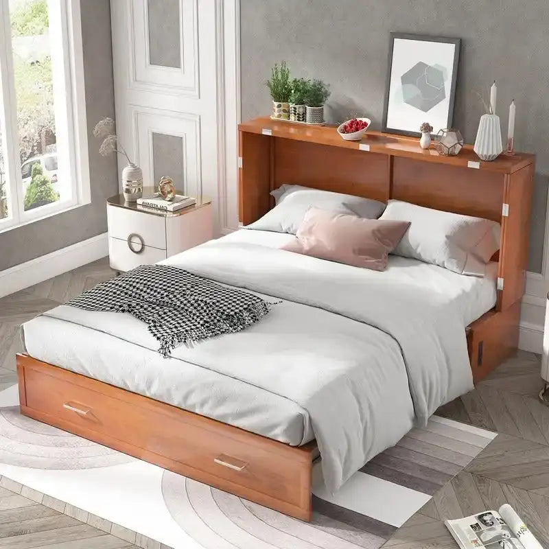 Lit escamotable Cabinet Murphy avec tiroir et station de recharge – Gris foncé / Cerisier / Blanc, Grand Lit, 2 couchages