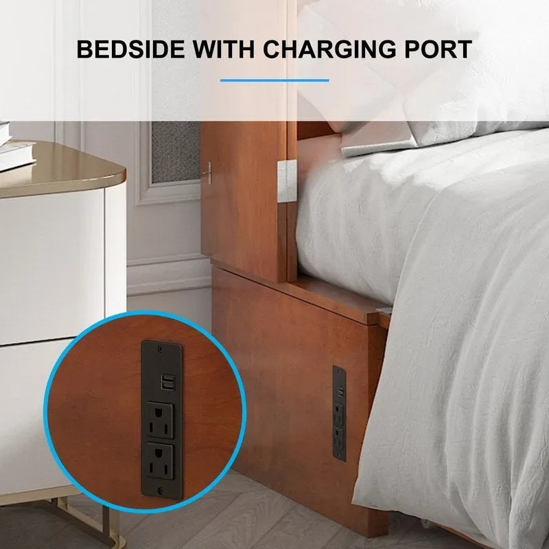 Lit escamotable Cabinet Murphy avec tiroir et station de recharge – Gris foncé / Cerisier / Blanc, Grand Lit, 2 couchages