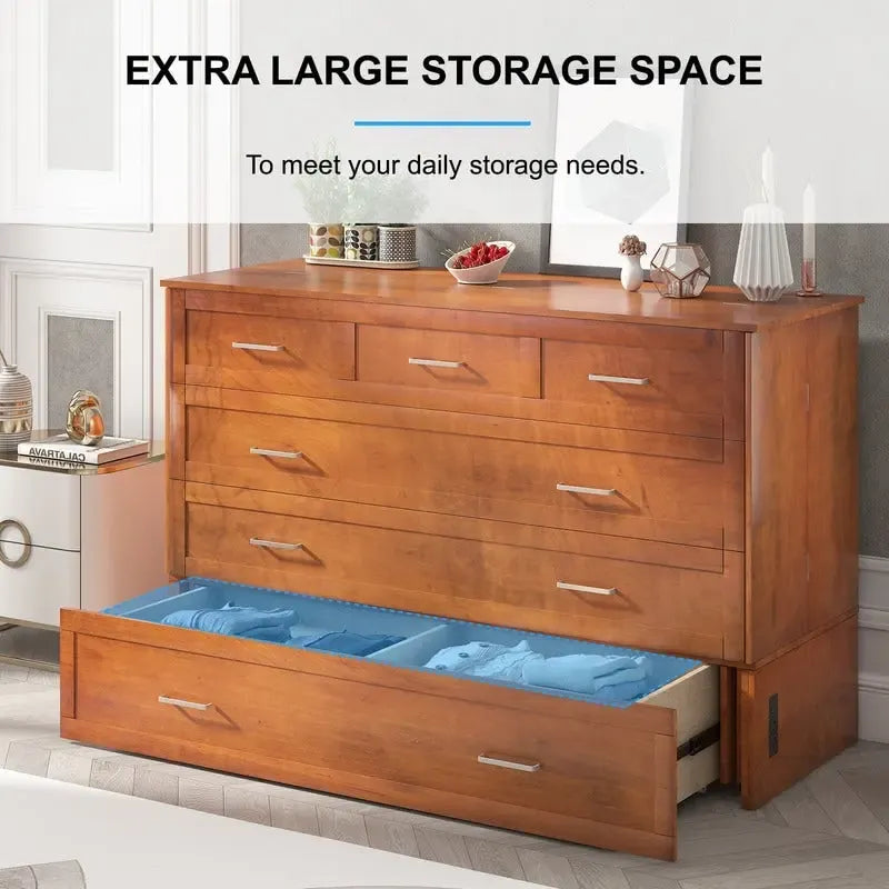 Lit escamotable Cabinet Murphy avec tiroir et station de recharge – Gris foncé / Cerisier / Blanc, Grand Lit, 2 couchages