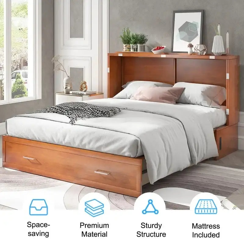Lit escamotable Cabinet Murphy avec tiroir et station de recharge – Gris foncé / Cerisier / Blanc, Grand Lit, 2 couchages