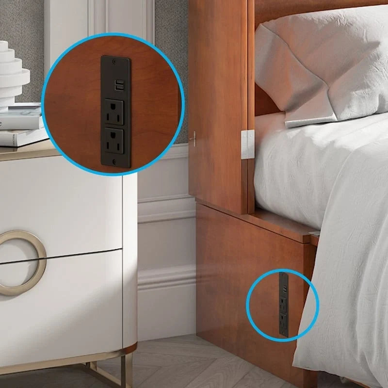 Lit escamotable Cabinet Murphy avec tiroir et station de recharge – Gris foncé / Cerisier / Blanc, Grand Lit, 2 couchages