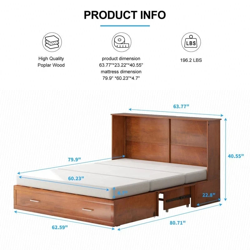 Lit escamotable Cabinet Murphy avec tiroir et station de recharge – Gris foncé / Cerisier / Blanc, Grand Lit, 2 couchages