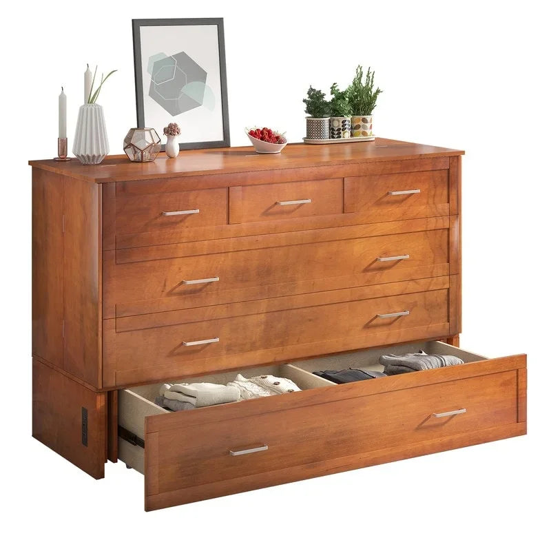 Lit escamotable Cabinet Murphy avec tiroir et station de recharge – Gris foncé / Cerisier / Blanc, Grand Lit, 2 couchages