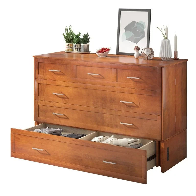 Lit escamotable Cabinet Murphy avec tiroir et station de recharge – Gris foncé / Cerisier / Blanc, Grand Lit, 2 couchages