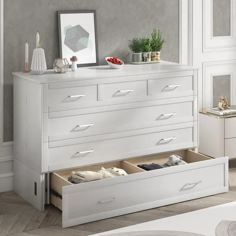 Lit escamotable Cabinet Murphy avec tiroir et station de recharge – Gris foncé / Cerisier / Blanc, Grand Lit, 2 couchages