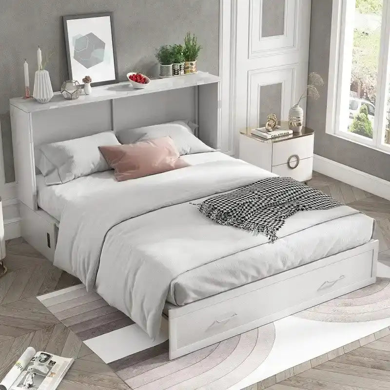 Lit escamotable Cabinet Murphy avec tiroir et station de recharge – Gris foncé / Cerisier / Blanc, Grand Lit, 2 couchages