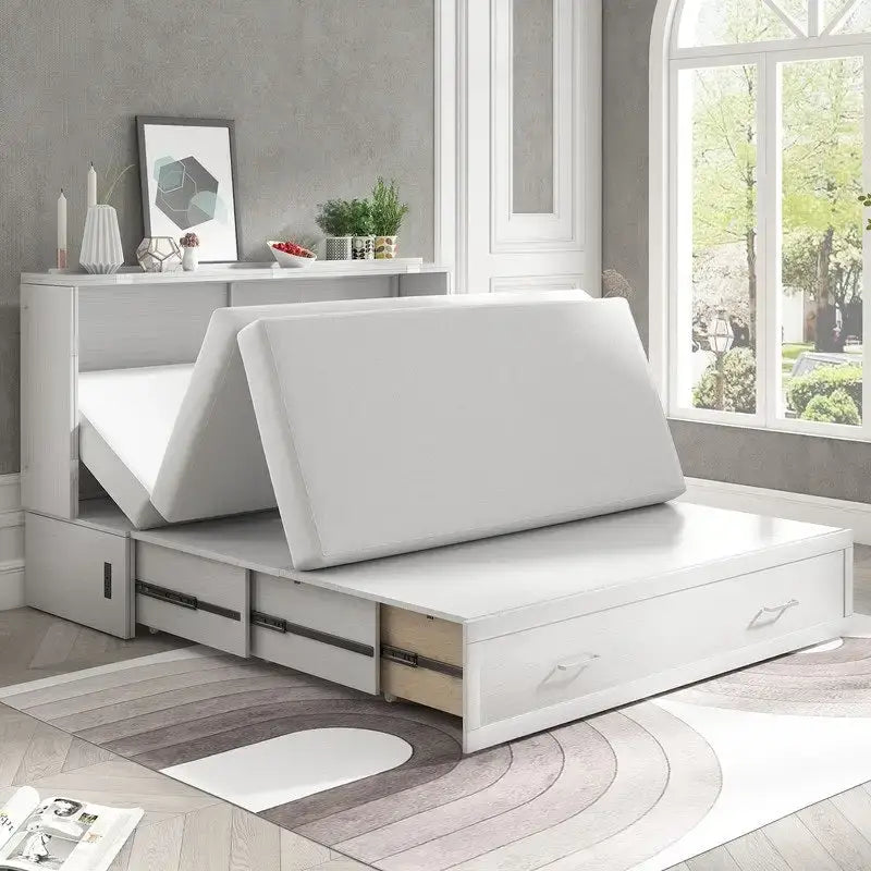 Lit escamotable Cabinet Murphy avec tiroir et station de recharge – Gris foncé / Cerisier / Blanc, Grand Lit, 2 couchages
