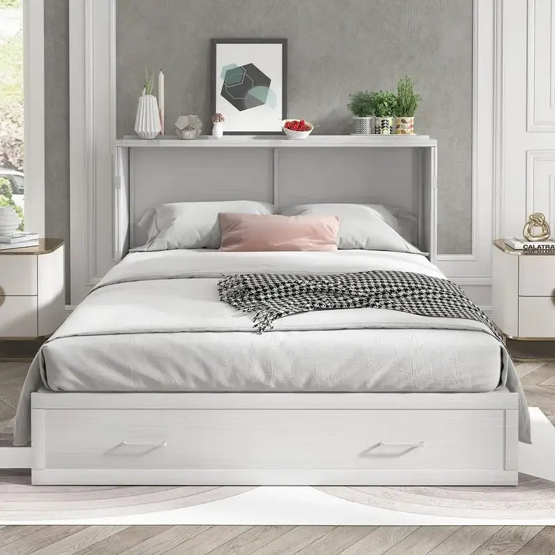 Lit escamotable Cabinet Murphy avec tiroir et station de recharge – Gris foncé / Cerisier / Blanc, Grand Lit, 2 couchages