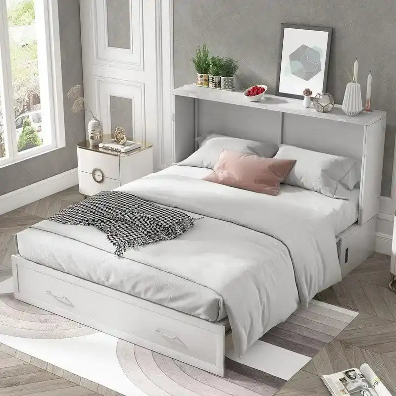 Lit escamotable Cabinet Murphy avec tiroir et station de recharge – Gris foncé / Cerisier / Blanc, Grand Lit, 2 couchages